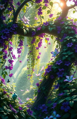 A vibrant fantasy scene featuring lush, intertwining vines in shades of purple and green, cascading from tree branches and enveloping a mystical forest