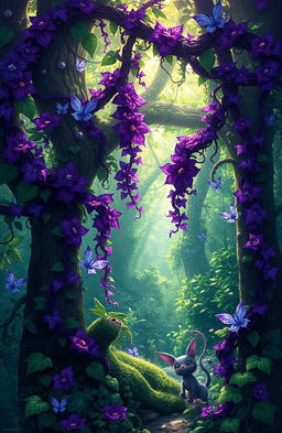 A vibrant fantasy scene featuring lush, intertwining vines in shades of purple and green, cascading from tree branches and enveloping a mystical forest