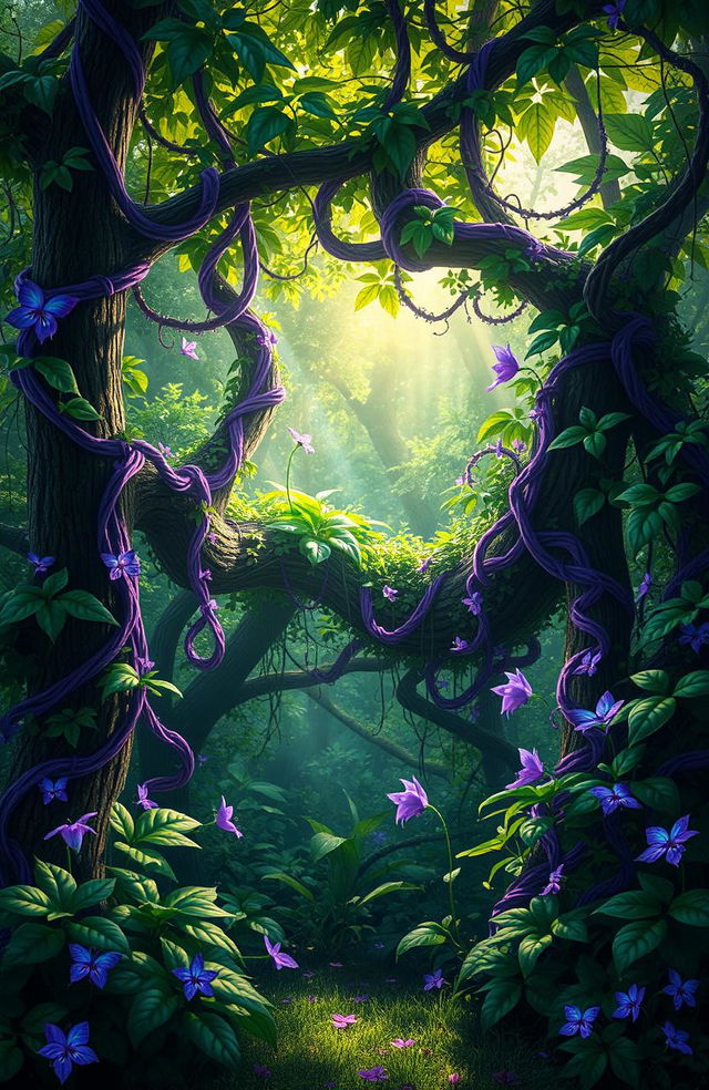 A vibrant fantasy scene featuring lush, intertwining vines in shades of purple and green, cascading from tree branches and enveloping a mystical forest