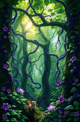 A vibrant fantasy scene featuring lush, intertwining vines in shades of purple and green, cascading from tree branches and enveloping a mystical forest