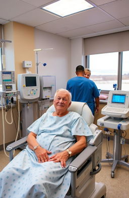 A patient undergoing hemodialysis in a modern medical setting, showcasing a hospital room with advanced dialysis equipment
