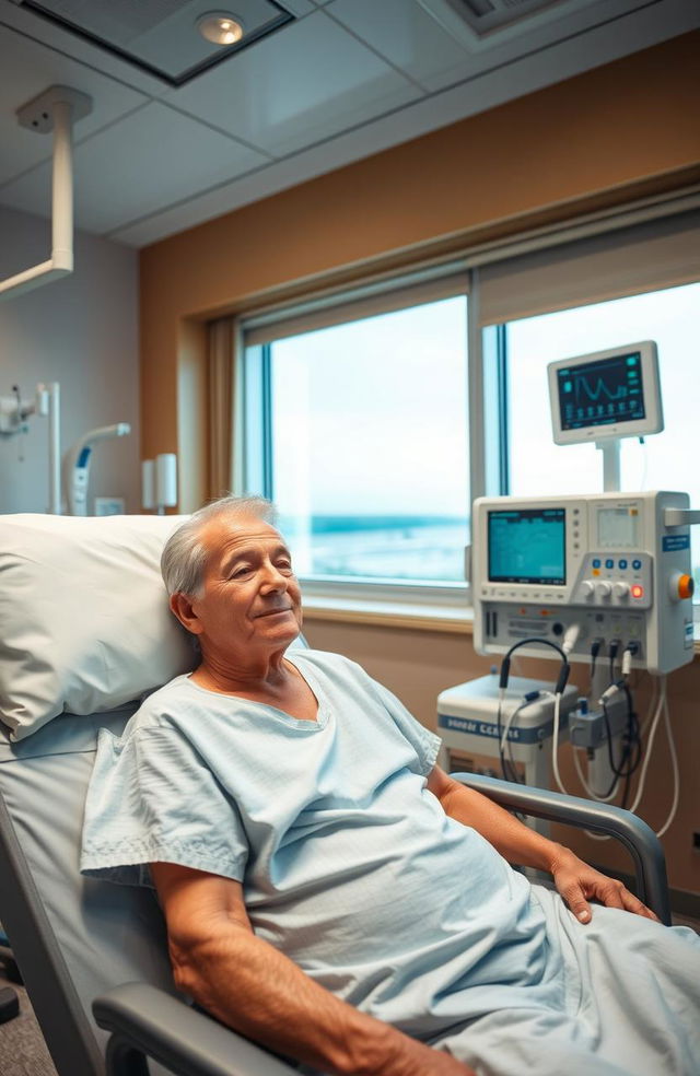 A patient undergoing hemodialysis in a modern medical setting, showcasing a hospital room with advanced dialysis equipment