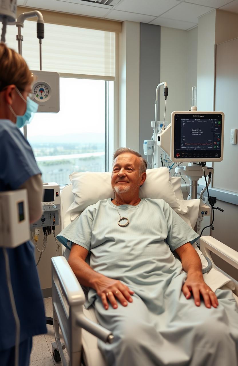 A patient undergoing hemodialysis in a modern medical setting, showcasing a hospital room with advanced dialysis equipment