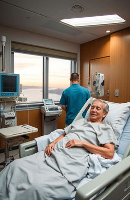 A patient undergoing hemodialysis in a modern medical setting, showcasing a hospital room with advanced dialysis equipment