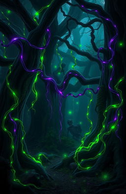 A mystical fantasy scene set in an enchanted forest where vibrant green and purple vines intertwine with ancient trees