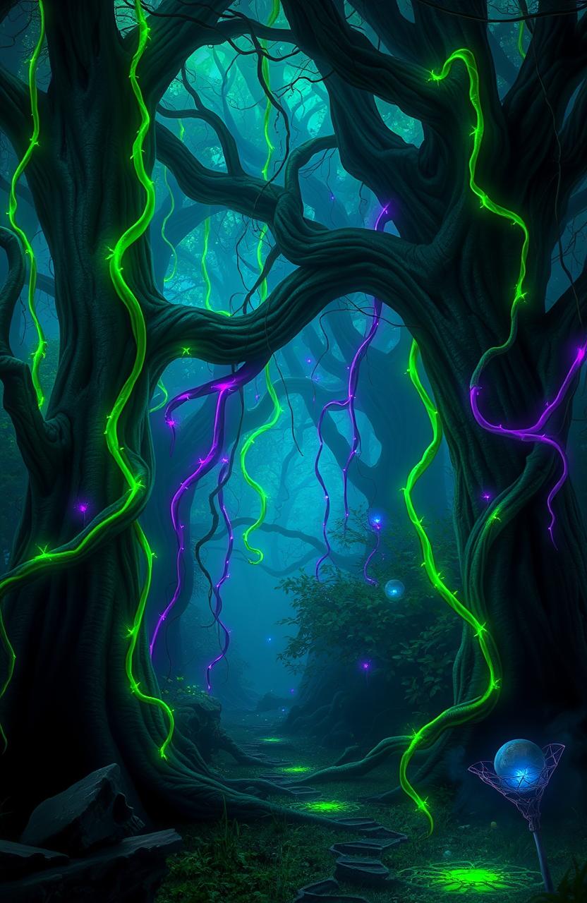 A mystical fantasy scene set in an enchanted forest where vibrant green and purple vines intertwine with ancient trees