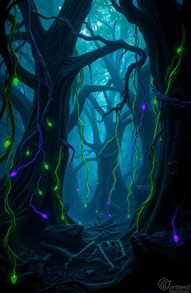 A mystical fantasy scene set in an enchanted forest where vibrant green and purple vines intertwine with ancient trees