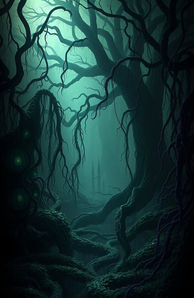 A fantasy scene depicting a mysterious and enchanting forest filled with dense, twisting vines