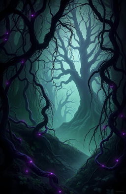 A fantasy scene depicting a mysterious and enchanting forest filled with dense, twisting vines