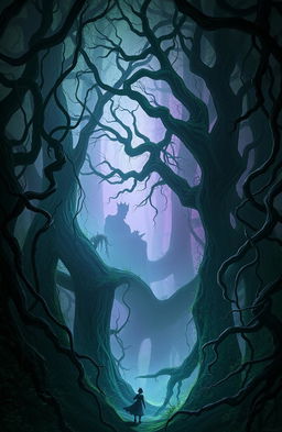 A fantasy scene depicting a mysterious and enchanting forest filled with dense, twisting vines