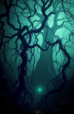 A fantasy scene depicting a mysterious and enchanting forest filled with dense, twisting vines