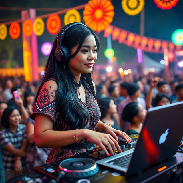 A vibrant scene featuring a 25-year-old Indonesian woman DJ, confidently mixing tracks at a lively music festival