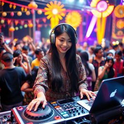 A vibrant scene featuring a 25-year-old Indonesian woman DJ, confidently mixing tracks at a lively music festival