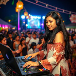 A vibrant scene featuring a 25-year-old Indonesian woman DJ, confidently mixing tracks at a lively music festival