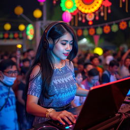 A vibrant scene featuring a 25-year-old Indonesian woman DJ, confidently mixing tracks at a lively music festival