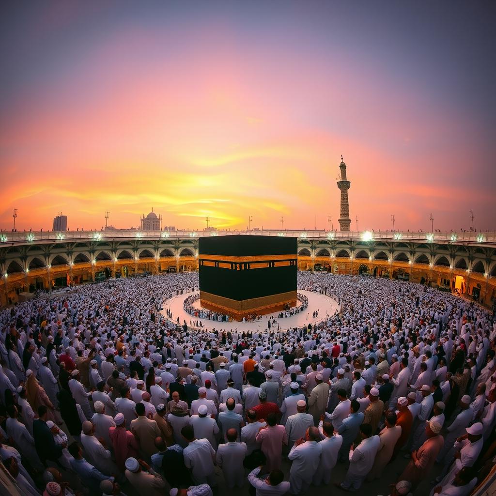 A series of pilgrims performing Al Tawaf, the ritual of circling the Kaaba in Mecca, Saudi Arabia
