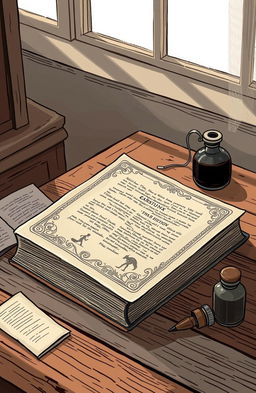 A simple illustration of an old book resting on a wooden table, inviting readers to embark on a literary adventure
