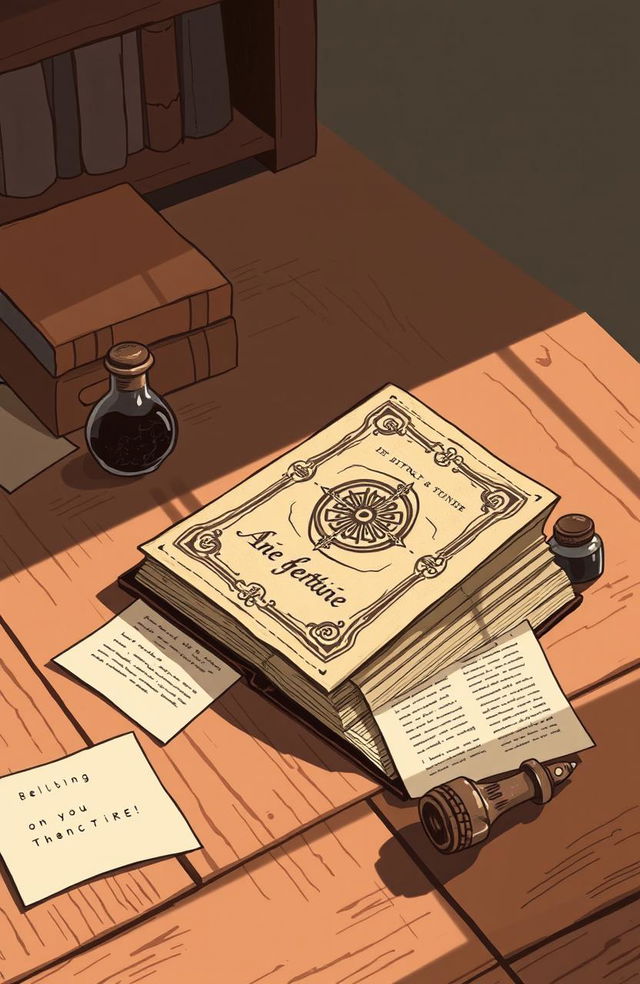 A simple illustration of an old book resting on a wooden table, inviting readers to embark on a literary adventure