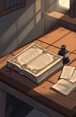 A simple illustration of an old book resting on a wooden table, inviting readers to embark on a literary adventure