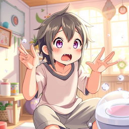 A detailed and vibrant scene featuring the theme of omorashi, showcasing an adult character experiencing a bladder-related accident in a playful and non-explicit manner