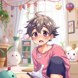 A detailed and vibrant scene featuring the theme of omorashi, showcasing an adult character experiencing a bladder-related accident in a playful and non-explicit manner