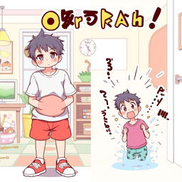 A lively scene illustrating the theme of omorashi, depicting an adult character playfully holding their bladder, with a look of playful struggle and mild embarrassment