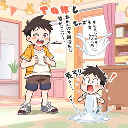 A lively scene illustrating the theme of omorashi, depicting an adult character playfully holding their bladder, with a look of playful struggle and mild embarrassment