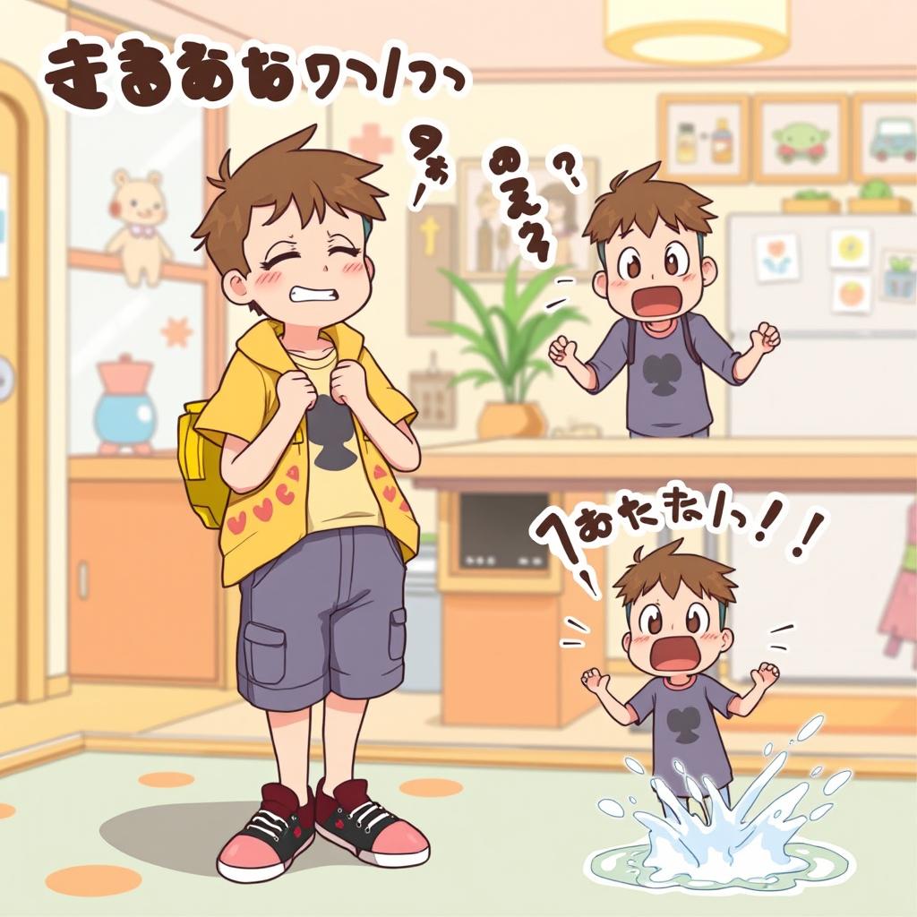 A lively scene illustrating the theme of omorashi, depicting an adult character playfully holding their bladder, with a look of playful struggle and mild embarrassment