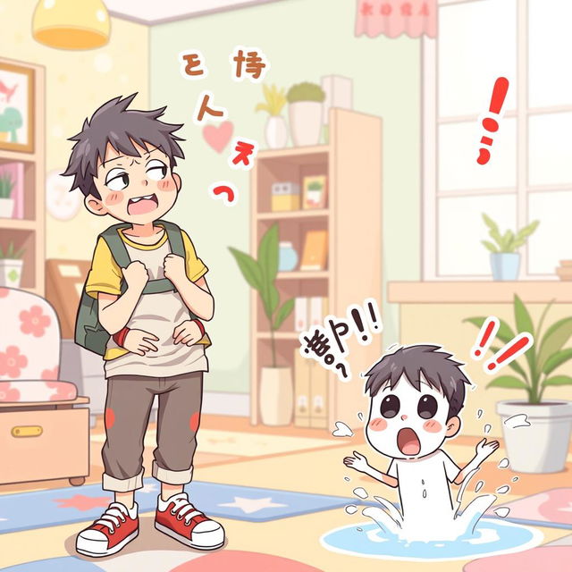 A lively scene illustrating the theme of omorashi, depicting an adult character playfully holding their bladder, with a look of playful struggle and mild embarrassment