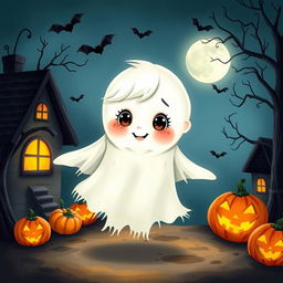 A charming illustration of a little ghost boy, with an ethereal, translucent appearance, drifting playfully through a quaint, moonlit environment