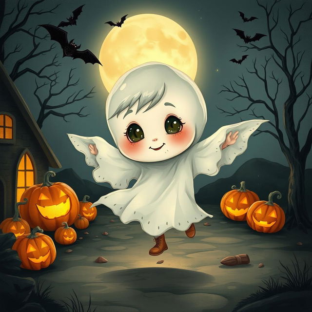 A charming illustration of a little ghost boy, with an ethereal, translucent appearance, drifting playfully through a quaint, moonlit environment