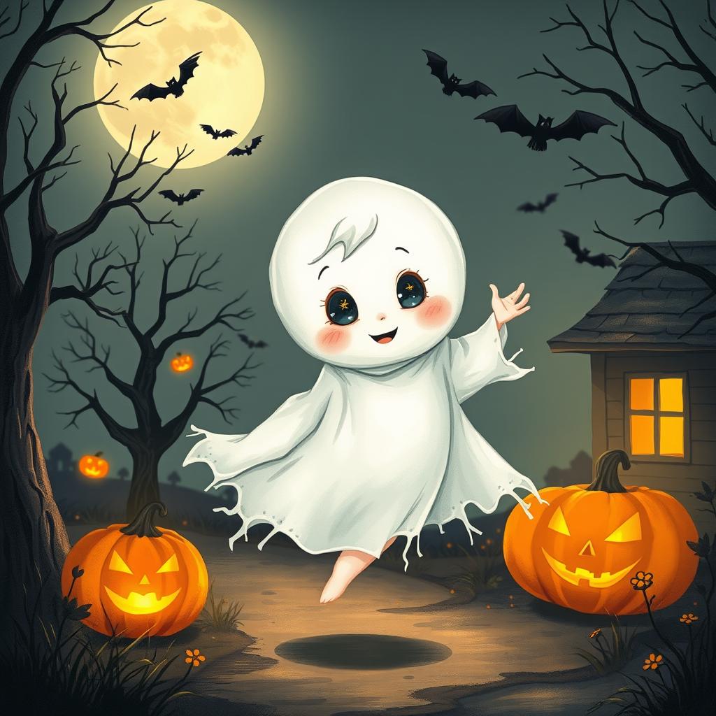 A charming illustration of a little ghost boy, with an ethereal, translucent appearance, drifting playfully through a quaint, moonlit environment