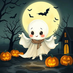 A charming illustration of a little ghost boy, with an ethereal, translucent appearance, drifting playfully through a quaint, moonlit environment