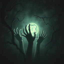 A chilling and surreal depiction of eldritch horror, featuring ghostly hands emerging from a thick darkness, reaching out with a sense of urgency and malevolence
