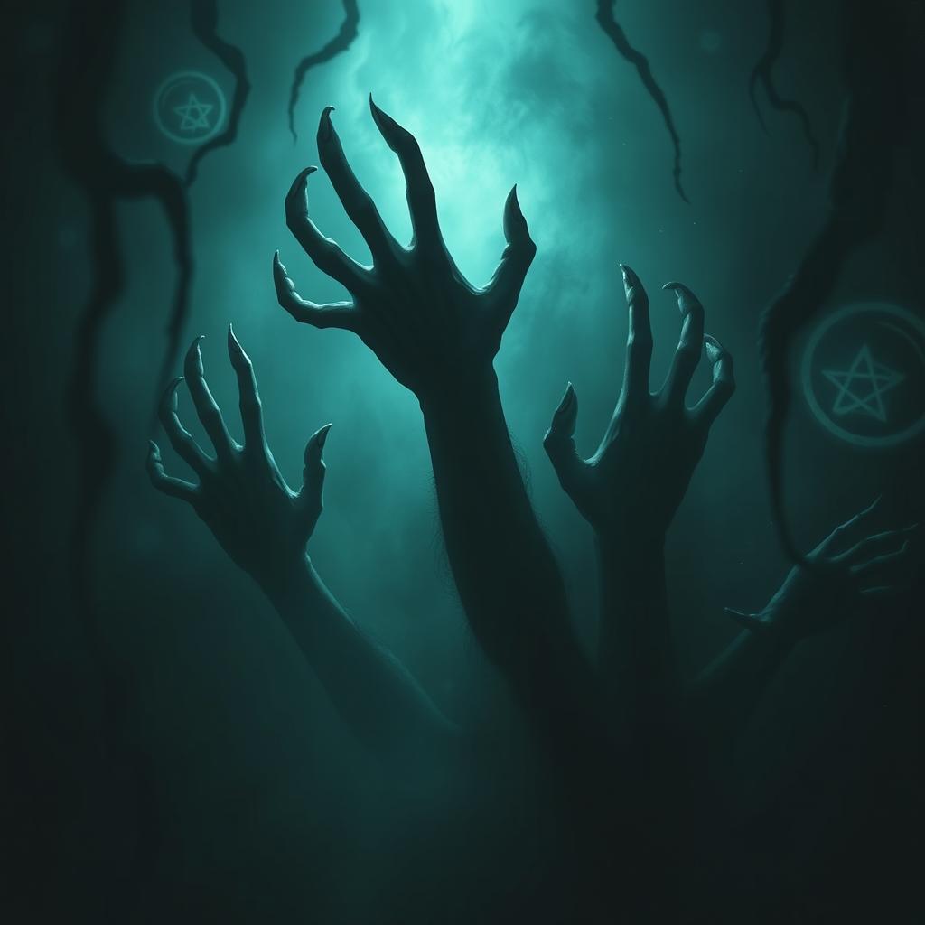 A chilling and surreal depiction of eldritch horror, featuring ghostly hands emerging from a thick darkness, reaching out with a sense of urgency and malevolence