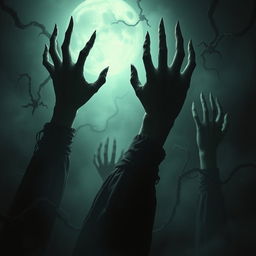A chilling and surreal depiction of eldritch horror, featuring ghostly hands emerging from a thick darkness, reaching out with a sense of urgency and malevolence