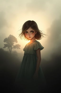 A dramatic scene depicting a young girl with striking, expressive eyes, standing in a foggy, atmospheric landscape that symbolizes lost memories and hidden truths