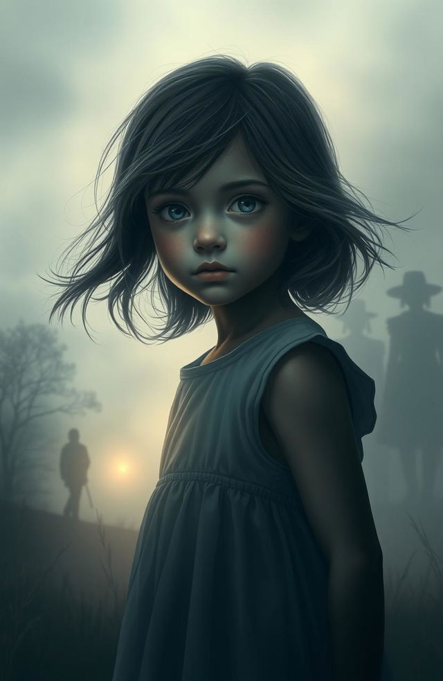 A dramatic scene depicting a young girl with striking, expressive eyes, standing in a foggy, atmospheric landscape that symbolizes lost memories and hidden truths