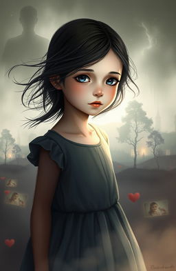 A dramatic scene depicting a young girl with striking, expressive eyes, standing in a foggy, atmospheric landscape that symbolizes lost memories and hidden truths