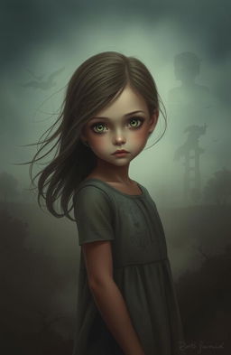 A dramatic scene depicting a young girl with striking, expressive eyes, standing in a foggy, atmospheric landscape that symbolizes lost memories and hidden truths