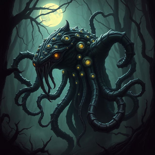 A terrifying eldritch horror creature, featuring a mass of writhing tentacles and an amorphous body that seems to shift shape in an eerie, unnatural way