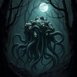 A terrifying eldritch horror creature, featuring a mass of writhing tentacles and an amorphous body that seems to shift shape in an eerie, unnatural way