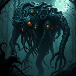 A terrifying eldritch horror creature, featuring a mass of writhing tentacles and an amorphous body that seems to shift shape in an eerie, unnatural way