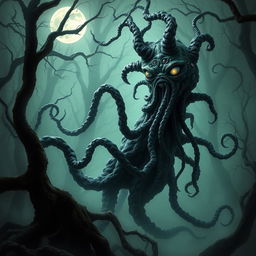 A terrifying eldritch horror creature, featuring a mass of writhing tentacles and an amorphous body that seems to shift shape in an eerie, unnatural way