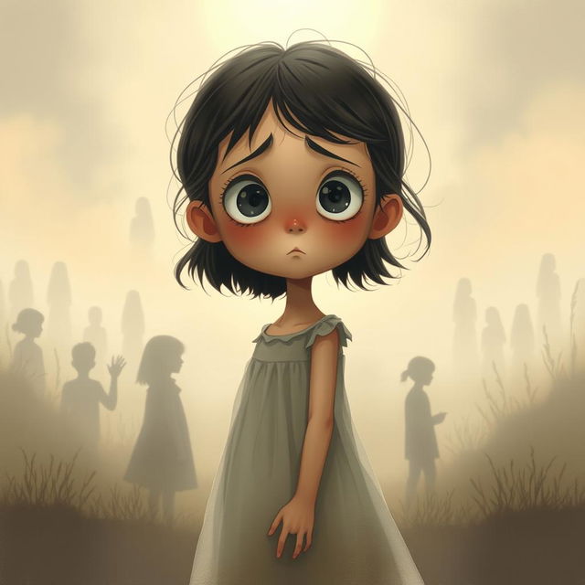 A poignant scene illustrating a young girl with soulful, wide eyes, standing in a misty, ethereal landscape that represents lost memories and hidden truths