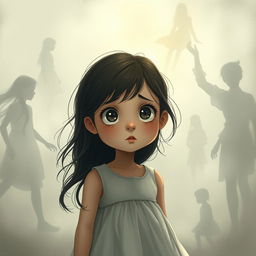 A poignant scene illustrating a young girl with soulful, wide eyes, standing in a misty, ethereal landscape that represents lost memories and hidden truths