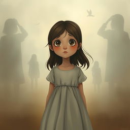 A poignant scene illustrating a young girl with soulful, wide eyes, standing in a misty, ethereal landscape that represents lost memories and hidden truths