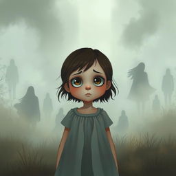 A poignant scene illustrating a young girl with soulful, wide eyes, standing in a misty, ethereal landscape that represents lost memories and hidden truths