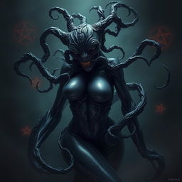 An intensely realistic depiction of an eldritch horror creature that embodies a terrifying allure; featuring a seductive form intertwined with twisted, flowing tendrils