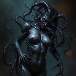 An intensely realistic depiction of an eldritch horror creature that embodies a terrifying allure; featuring a seductive form intertwined with twisted, flowing tendrils